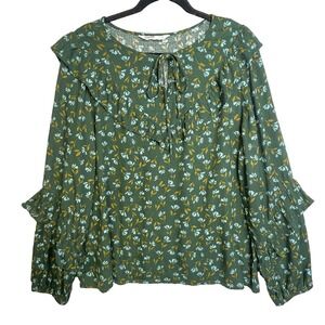 Sonoma Women's Size XL Ruffle‎ Peasant Blouse Tie  Green Blue Gold Floral BOHO